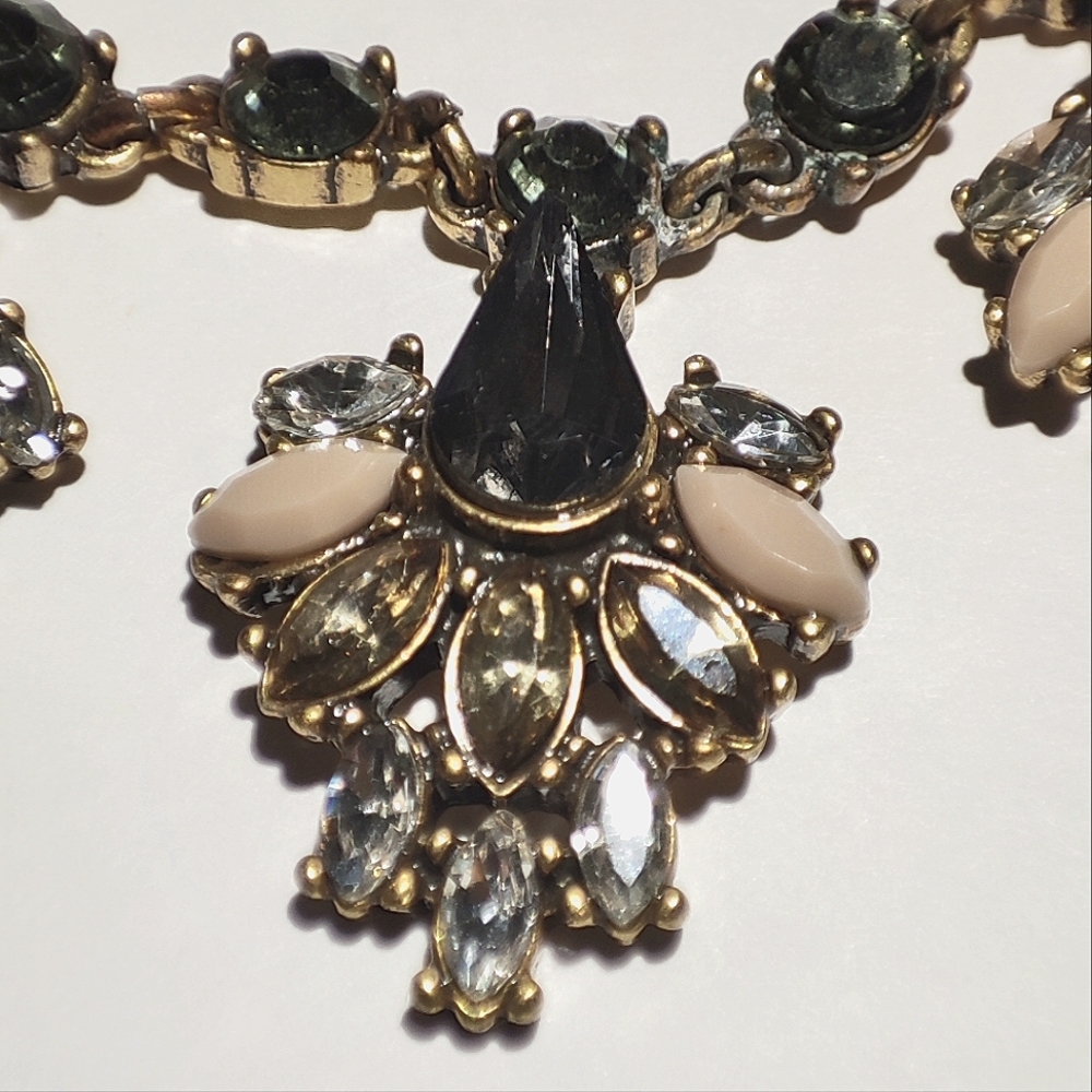 J. Crew Signed Oxidized Brass Art Deco Reproduction Navettes Jeweled Necklace